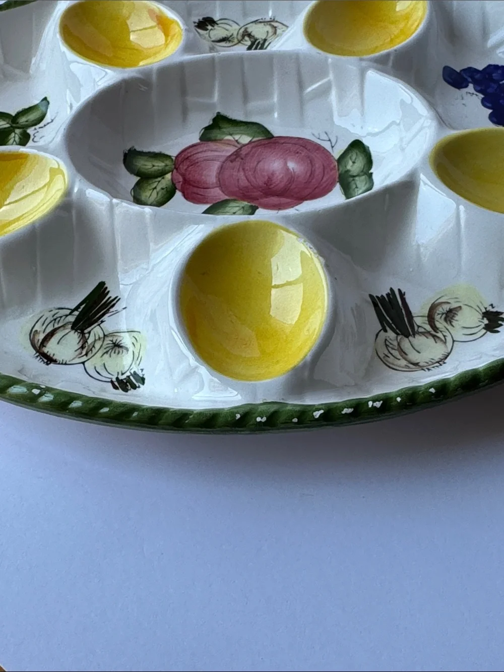 60s-70s Deviled Egg Platter. Hand-painted fruit and vegetable ceramic dish
